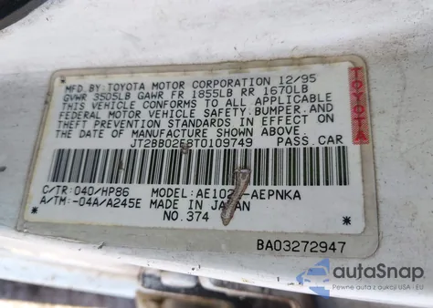 1996 Toyota Corolla Dx z USA, uszkodzony, nr VIN JT2BB02E8T0109749